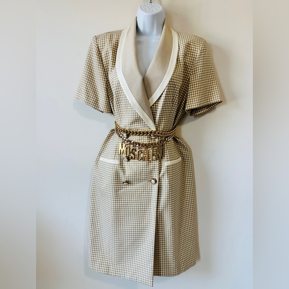 Vintage Dresses & Skirts - Vintage Tan & Cream Trim Double Breasted Blazer Style Dress Size 12